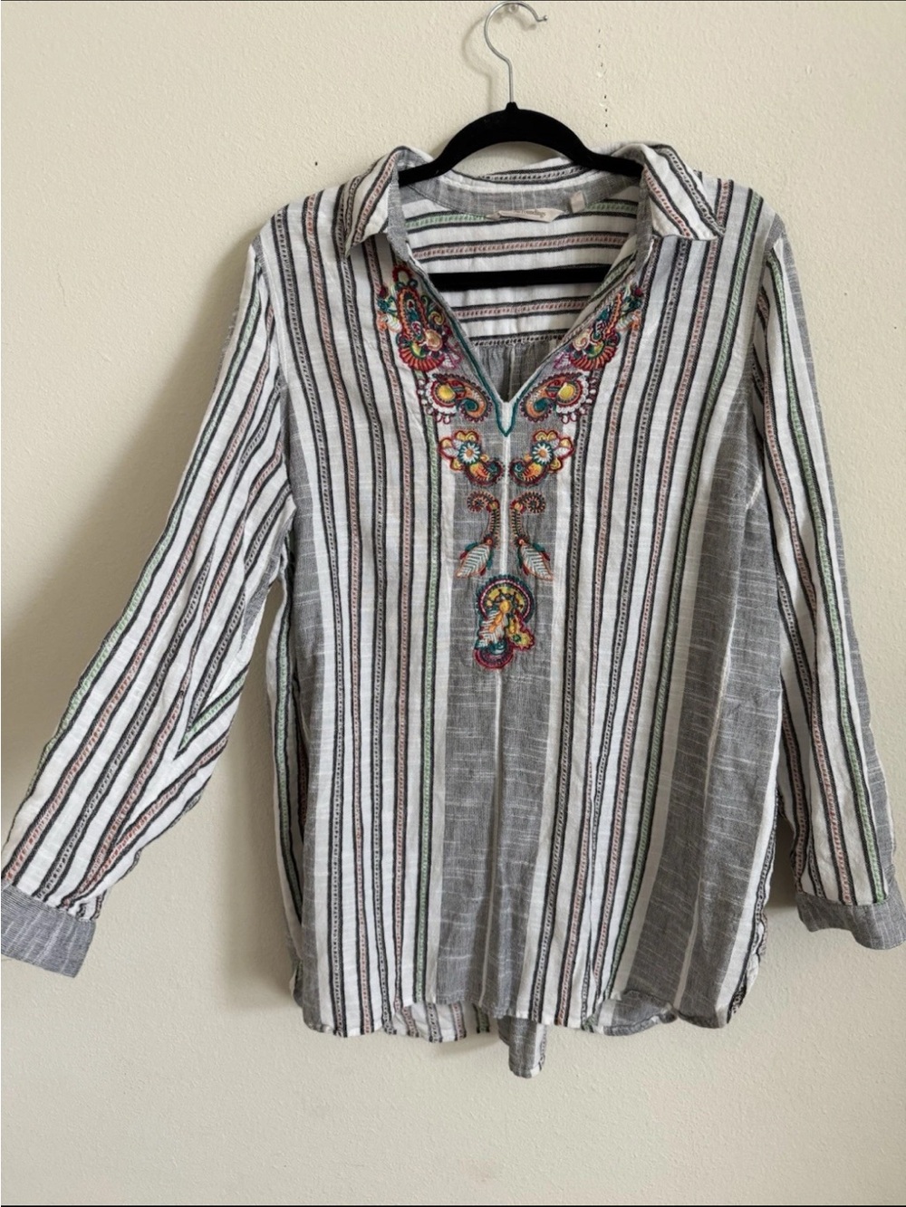 Soft Surroundings Cotton Embroidered Striped Button Up Boho Long Sleeve Top XL